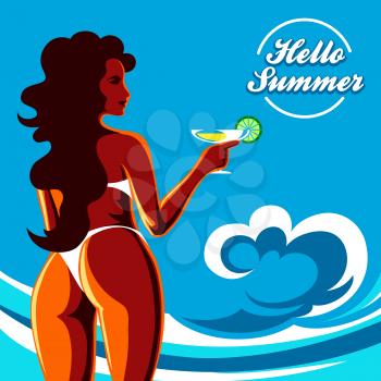 Beautiful girl in bikini with cocktail drawn in retro poster style. Vector illustration.