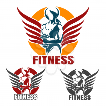 Bodybuilder Gym or Fitness emblem set. Winged Athletic Woman Holds dumbbel in various color variation isolated on white. Vector illustration.