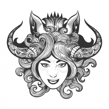 Girl face in shaman mask of boar drawn in tattoo style. Vector illustration.
