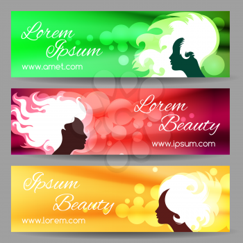 Banners with stylish beautiful woman silhouette. Template design cards. Vector illustration.