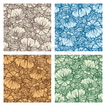 Set of Four Hand drawn floral seamless patterns. Vector illustration.