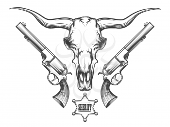 Bison skull with pair of revolvers and sheriff badge drawn in engraving style. Vector illustration.