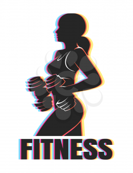 Fitness Emblem. Silhouette of Athletic Woman Holding Weight Silhouette with colorful shadows. Vector illustration.