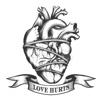 Human heart tied in rope with ribbon. Symbol of Love Hurts drawn in tattoo style. Vector illustration.