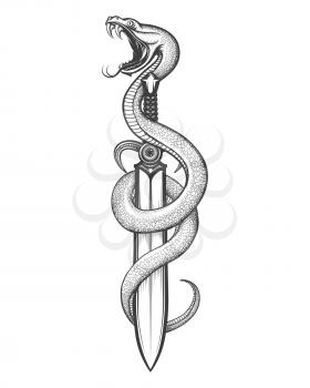 Snake and Sword drawn in tattoo style. Vector illustration.