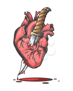 Bleeding Human Heart Pierced by Knife drawn in tattoo style. Vector illustration.
