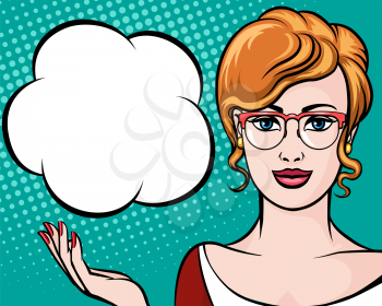 Cute businesswoman in glasses with empty speech bubble showing something. Vector illustration in pop art style.