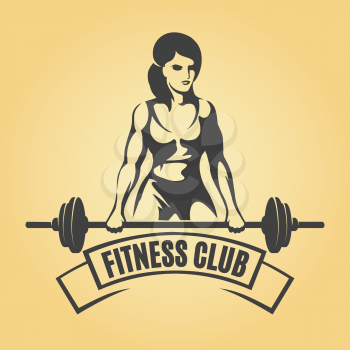 Bodybuilding or Fitness Retro emblem. Athletic Woman Holding Barbell. Vector illustration