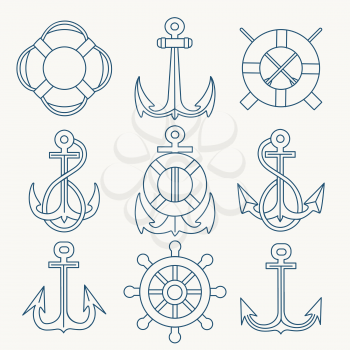 Thin Line Anchors, lifebuoy and steering wheels Emblem set. Vector illustration.