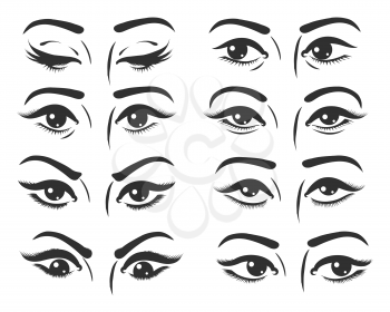 Set of female eyes. Beautiful female eyes with different expression. Eyes looking straight, right, left, top, down and closed. Vector illustration.
