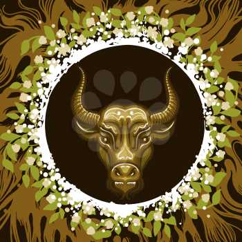 Bull head in Frame of leaves and roots. Zodiac symbol of Taurus on earth background. Vector illustration.