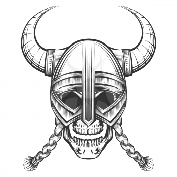 Human skull in Viking Helmet drawn in engraving style. Vector illustration