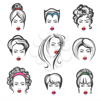 Hand drawn collection of stylish fashionable hairstyles for woman. Vector illustration