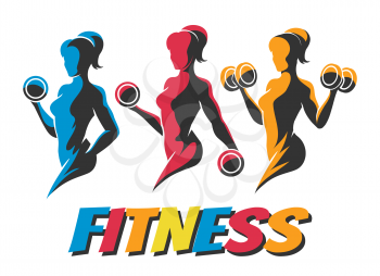  Three Colorful Woman Holding Weight Silhouettes.B odybuilder Logos Templates Set. Fitness Logo Design, Emblem Graphics. Vector Illustration.