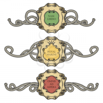 Set of Vintage Cartouche frames with marine ropes. Heraldic elements isolated on white. Vector illustration.