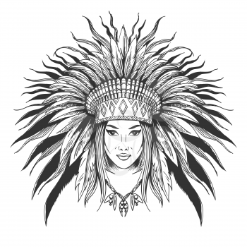 Hand drawn indian girl in feathers war bonnet. Vector illustration.