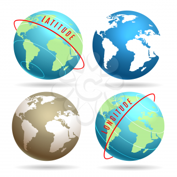 Earth globe set with latitudes longitudes. Vector illustration.