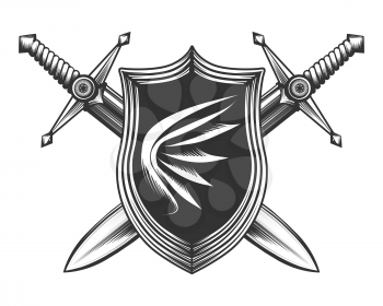 Shield with wing emblem and swords drawn in engraving style. Vector illustration.
