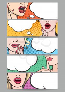Mouth with empty speach bubble set. Female parts of a face in pop art style concept for advertising or poster. Vector illustration