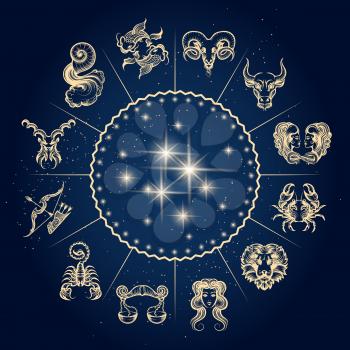 Symbols of zodiac and horoscope circle, astrology and mystic signs. Vector illustration.