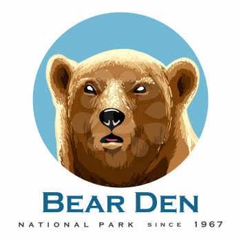 Wild Bear Head Emblem with wording Bear Den/ Vector Illustration.