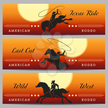 Cowboy Rodeo horizontal banners set with desert rodeo and rider silhouettes. Vector illustration 