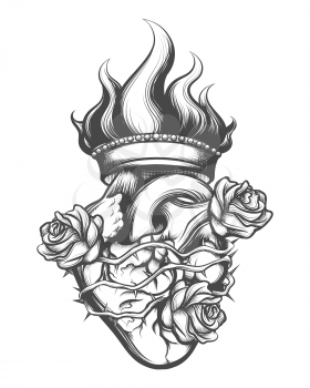 Sacred Heart drawn in engraving style. Vector illustration.