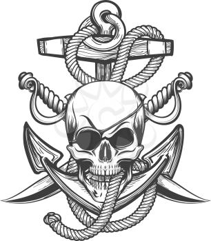 Human Skull with Eyepath and Two Sabres against Anchor in Ropes drawmn in tattoo style. Vector illustration.