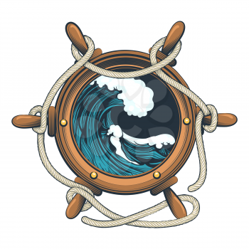 Nautical Steering Wheel with ropes and Ocean wave inside drawn in tattoo style. Vector illustration
