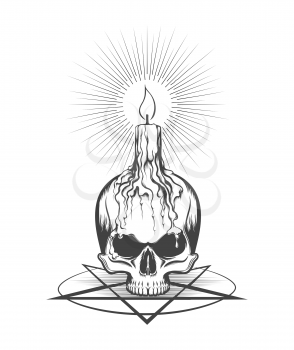 Human skull with burning candle on Pentagram sign. Ezoteric or occultic concept in engraving style. Vector illustration.