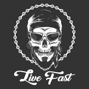 Motorcycle graphic Desing. Skull in Bandana on motorcycle chain background with wording Live Fast. Vector illustration.