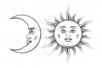 Hand Drawn Sun and Moon with human cartoon faces in engraving style. Medieval Esotric Astrology symbols. Vector Illustration.