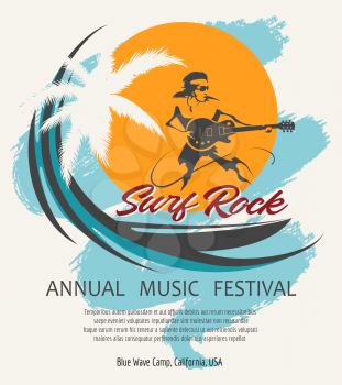 Rock music retro poster. Guitar player on a surfing board with place for event information. Vector illustration.