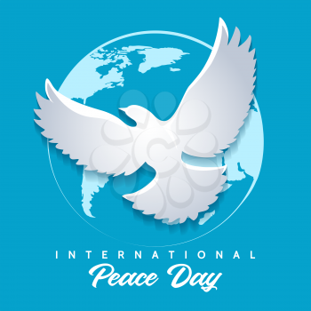 International Peace Day emblem. Dove of Peace against globe silhouette. Vector illustration