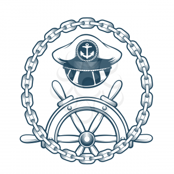 Captain Hat and steering Wheel in Circle of Chains. Engraved nautical emblem. Vector Illustration.