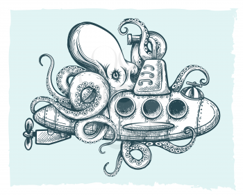 Hand drawn Giant octopus plays with a submarine. Vector illustration.