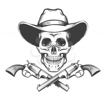 Skull in a western hat and a pair of crossed hand guns drawn in tattoo style. Vector illustration.