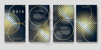 Brochure pages templates set. Golden rings and half tone pattern on black background. Vector illustration.