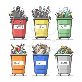 Set of colorful doodle waste separation containers. Collection of hand drawn garbage Trash Can isolated on white background. Vector illustration.