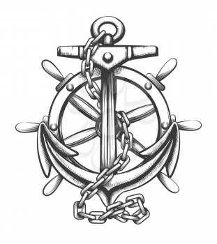 Anchor and ships wheel tattoo in engraving style isolated on white background. Vector illustration
