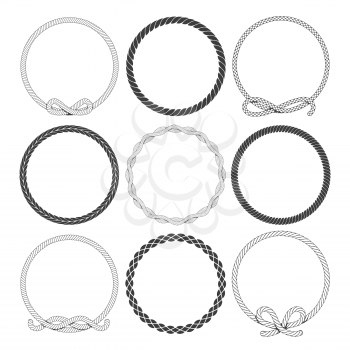 Set of round rope frame. Marine Rope circles isolated on the white background. Vector illustration.
