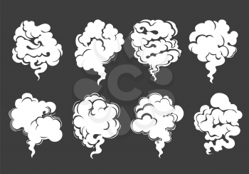 Eight White Clouds of smoke or steam on black background drawn in cartoon style. Vector illustration.
