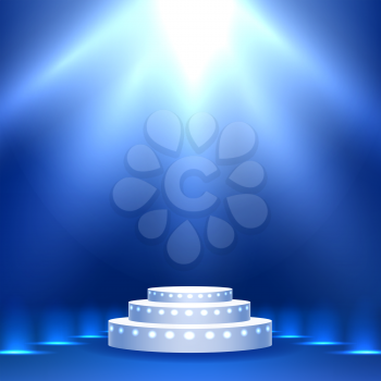 Festive Stage Podium With Lamps On Blue Background. Vector Illustration.