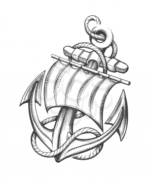 Ship Anchor with Sail and Ropes Tattoo drawn in Engraving Style. Vector illustration.