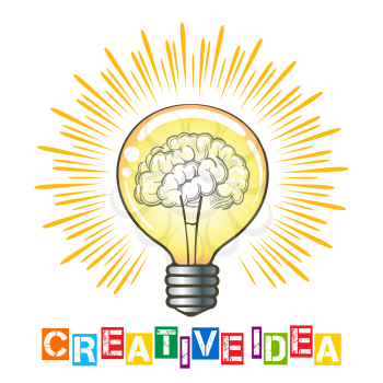 Light bulb lamp with brain inside creative idea concept. Vector illustration.