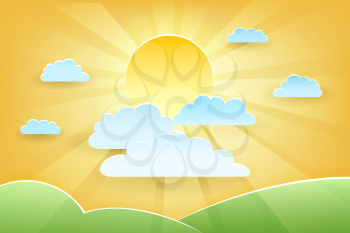 Paper Cut Sunny Landscape with clouds and meadows. Vector illustration.