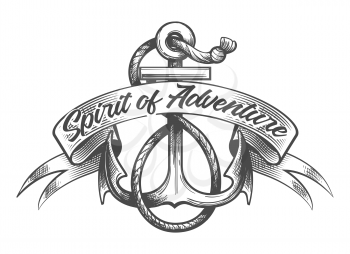 Anchor with Ropes and banner with hand made lettering Spirit of Adventure. Vector illustration in tattoo style.