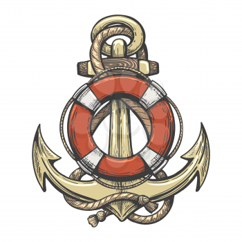 Ship Anchor and Lifebuoy Colorful Tattoo. Vector illustration.