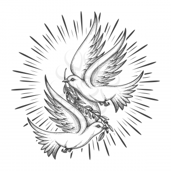 Two Doves flying with a twig. Dove Of Peace Concept Tattoo. Vector illustration.