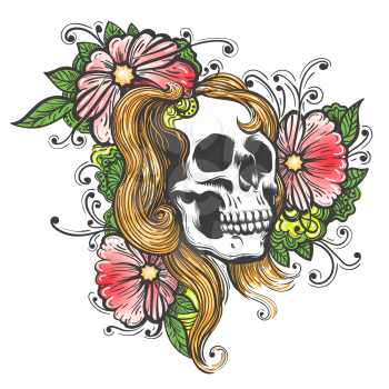Skull and flowers hand drawn illustration. Tattoo vintage print. Vector Illustration.